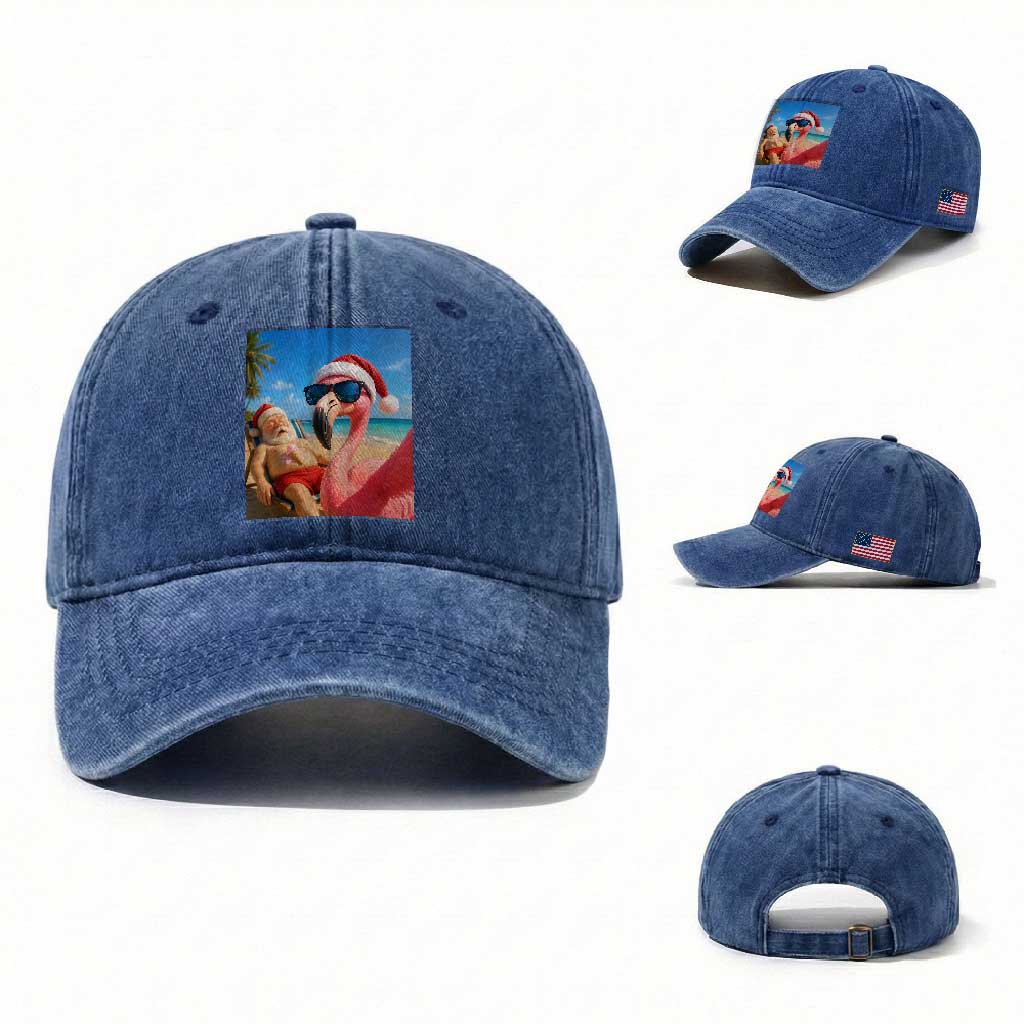 Funny Flamingo Beach Selfie Washed Cotton Baseball Cap Christmas in July TS14 Washed Cap Universal Fit Royal Blue Print Your Wear
