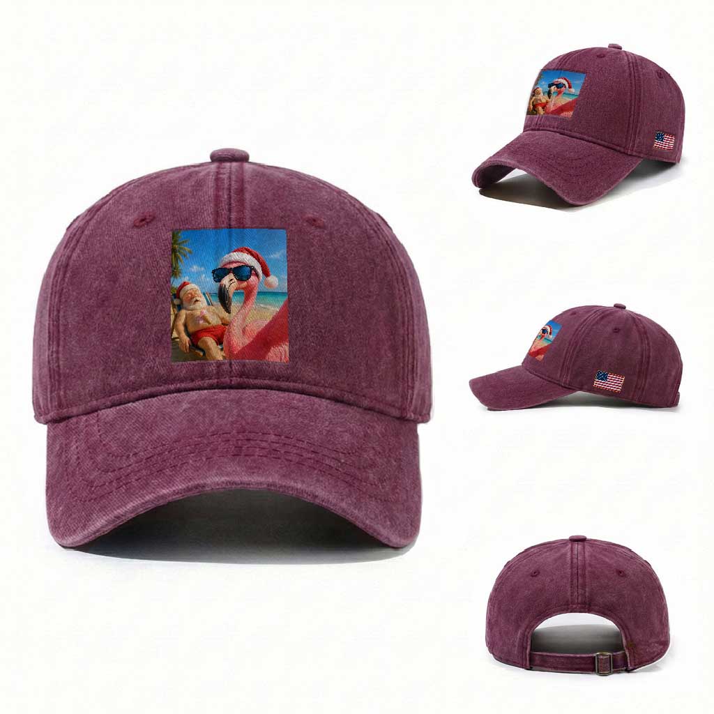 Funny Flamingo Beach Selfie Washed Cotton Baseball Cap Christmas in July TS14 Washed Cap Universal Fit Burgundy Print Your Wear