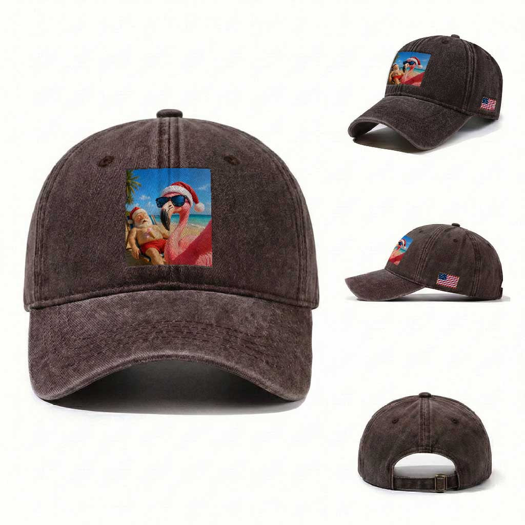 Funny Flamingo Beach Selfie Washed Cotton Baseball Cap Christmas in July TS14 Washed Cap Universal Fit Dark Brown Print Your Wear