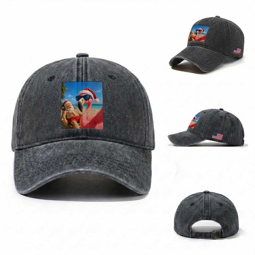 Funny Flamingo Beach Selfie Washed Cotton Baseball Cap Christmas in July TS14 Washed Cap Universal Fit Dark Gray Print Your Wear
