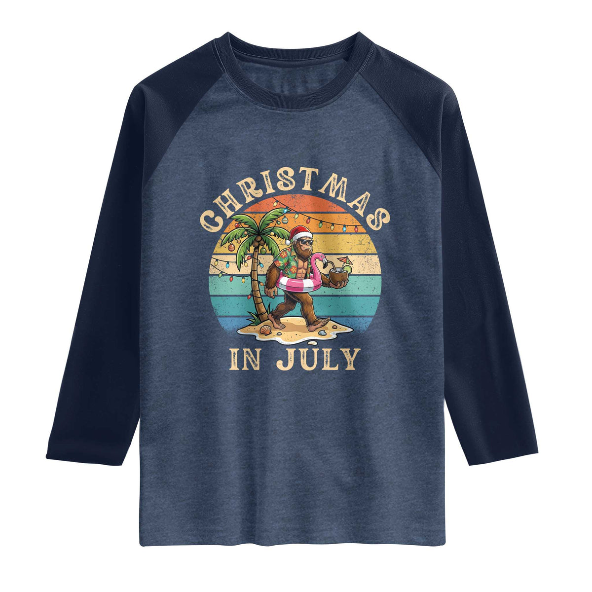 Funny Bigfoot Christmas In July Beach Vacation Raglan Shirt TS14 Heather Denim Navy Print Your Wear