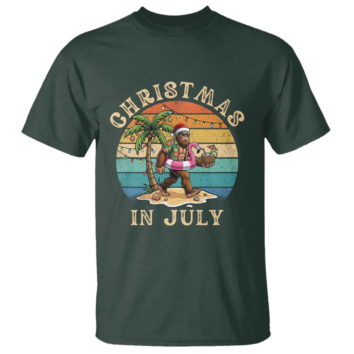 Funny Bigfoot Christmas In July Beach Vacation T Shirt TS14 Dark Forest Green Print Your Wear