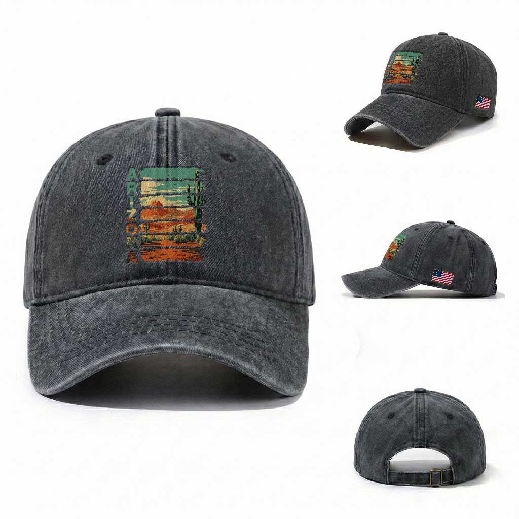Arizona Desert Cactus Saguaro National Park Retro Washed Cotton Baseball Cap TS14 Washed Cap Universal Fit Dark Gray Print Your Wear