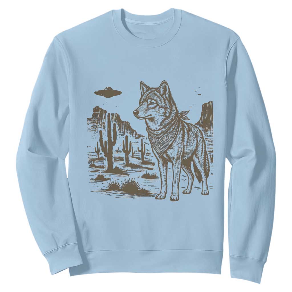 Vintage Coyote Cowboy UFO Sweatshirt Western Desert Southwest Coyote Alien TS14 Light Blue Print Your Wear