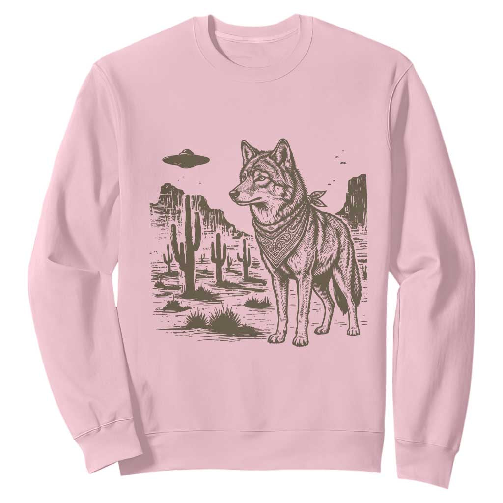 Vintage Coyote Cowboy UFO Sweatshirt Western Desert Southwest Coyote Alien TS14 Light Pink Print Your Wear