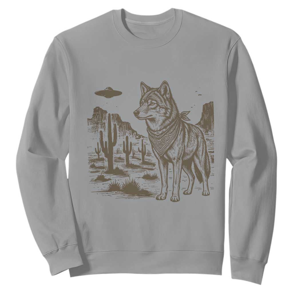 Vintage Coyote Cowboy UFO Sweatshirt Western Desert Southwest Coyote Alien TS14 Sport Gray Print Your Wear