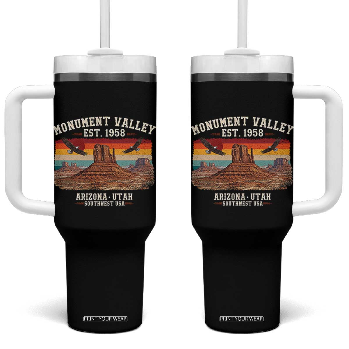 Retro Monument Valley Arizona Utah Sunset Established 1958 Tumbler With Handle Southwest Desert Eagle Road Trip Nature Souvenir TS14 One Size: 40 oz Black Print Your Wear