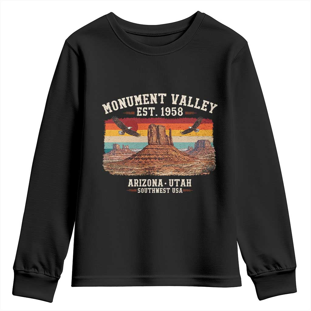 Retro Monument Valley Arizona Utah Sunset Established 1958 Youth Sweatshirt Southwest Desert Eagle Road Trip Nature Souvenir TS14 Black Print Your Wear