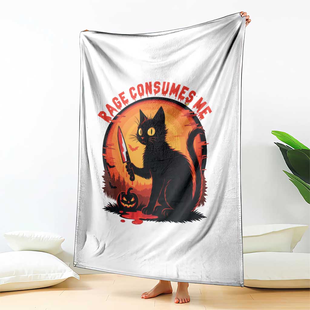 Funny Black Cat Halloween Funny Black Cat Murderous Cat With Knife Throw Blanket Rage Is Consuming Me TS14 Print Your Wear