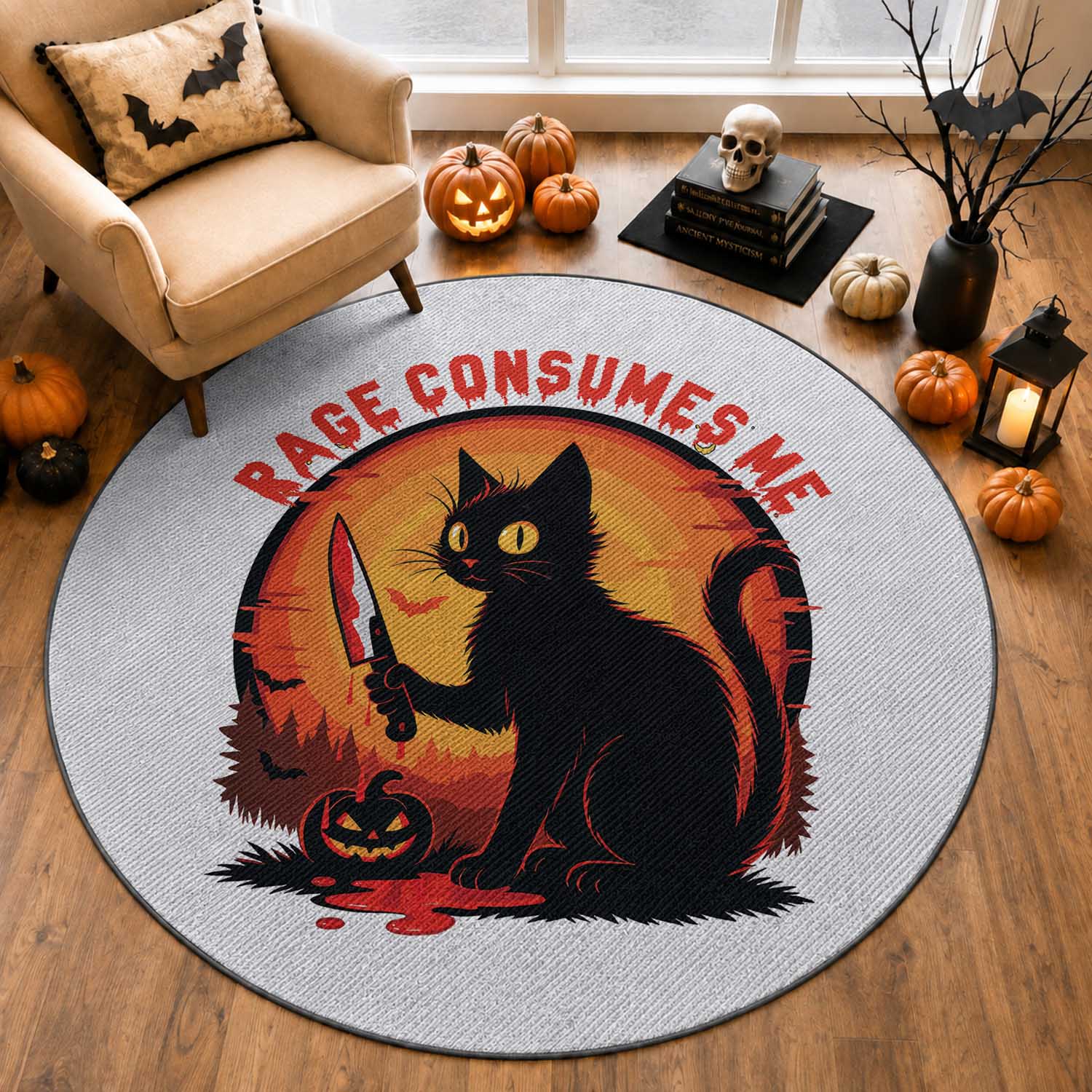 Funny Black Cat Halloween Funny Black Cat Murderous Cat With Knife Round Rug Rage Is Consuming Me