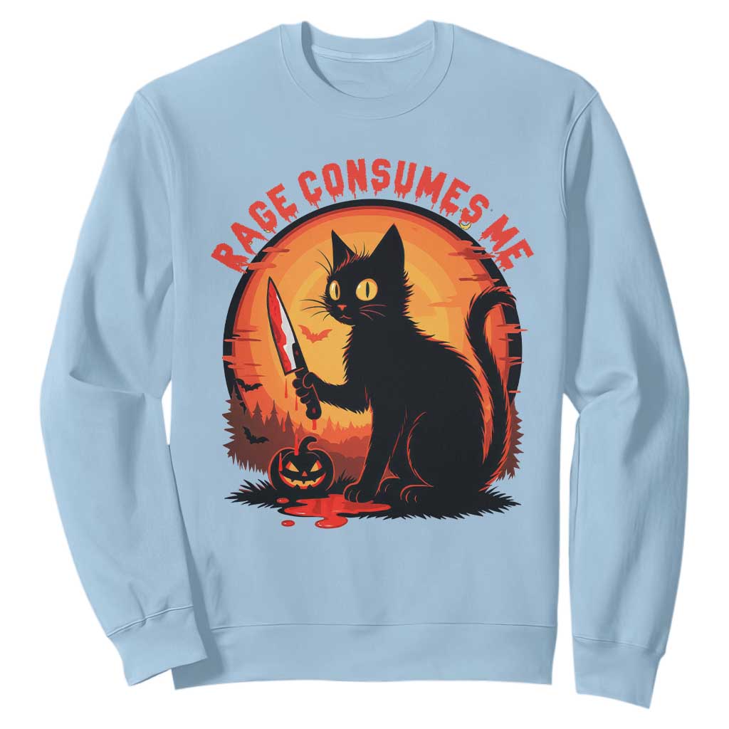 Funny Black Cat Halloween Funny Black Cat Murderous Cat With Knife Sweatshirt Rage Is Consuming Me TS14 Light Blue Print Your Wear