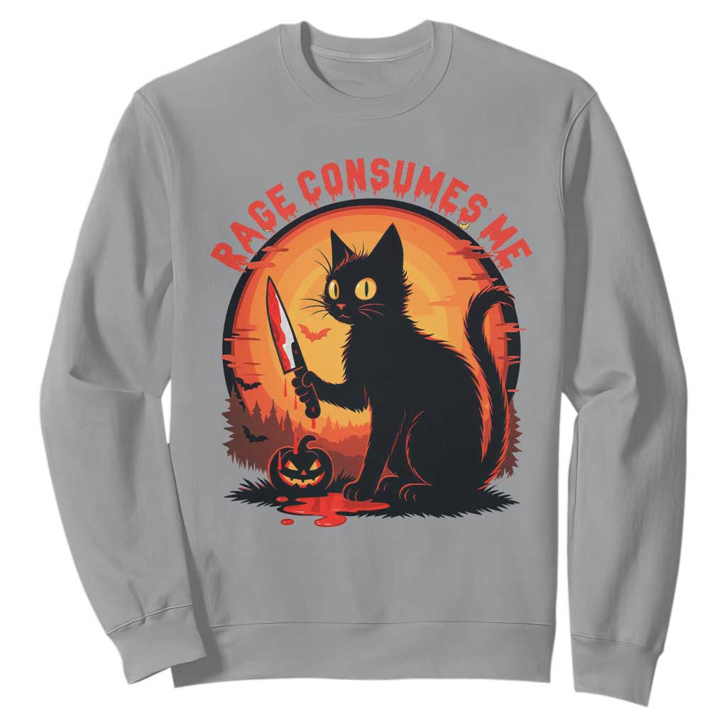 Funny Black Cat Halloween Funny Black Cat Murderous Cat With Knife Sweatshirt Rage Is Consuming Me TS14 Sport Gray Print Your Wear