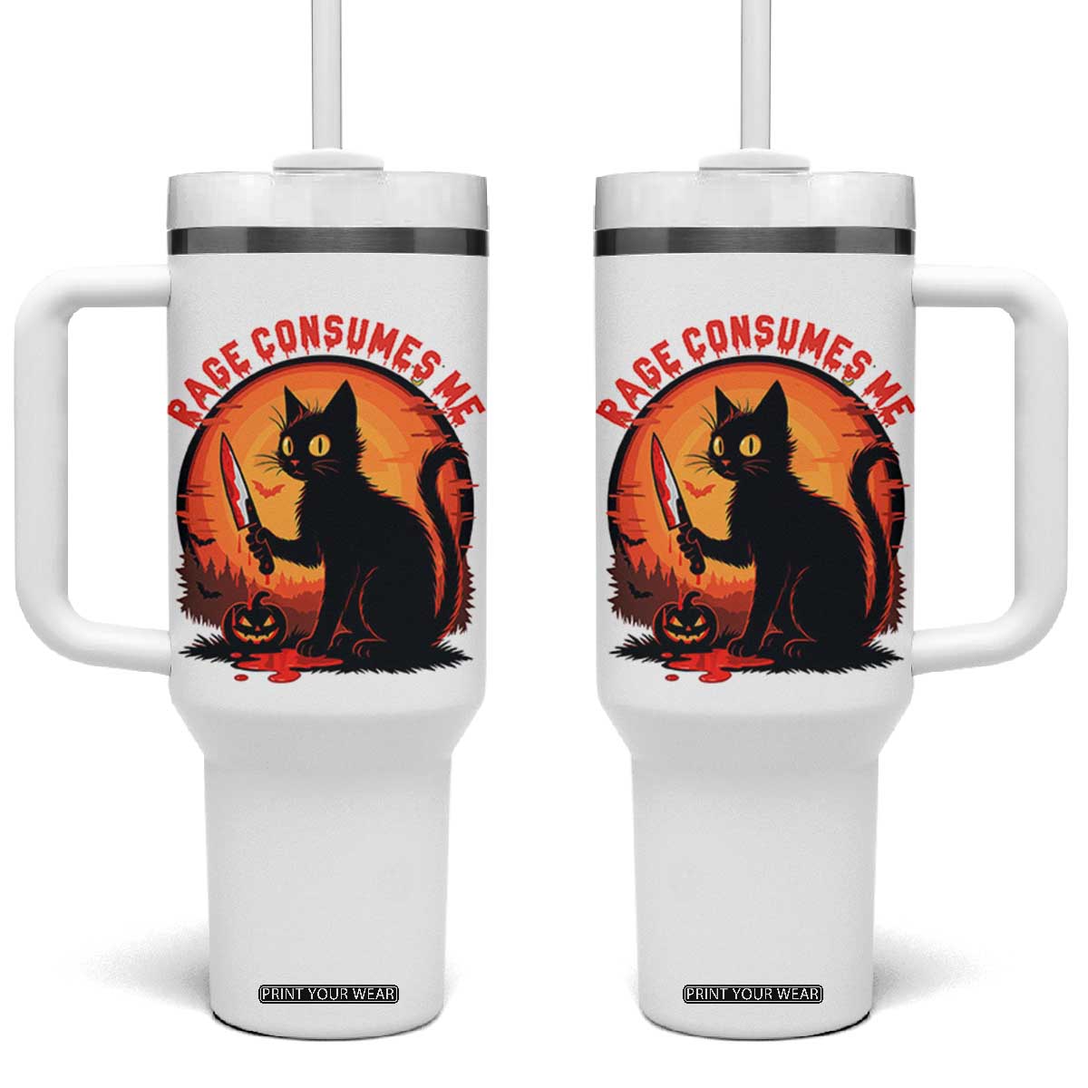 Funny Black Cat Halloween Funny Black Cat Murderous Cat With Knife Tumbler With Handle Rage Is Consuming Me TS14 One Size: 40 oz White Print Your Wear