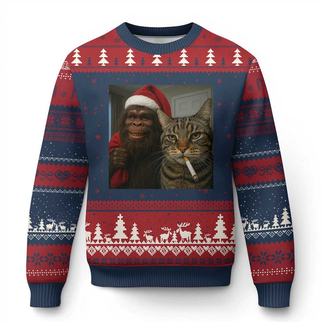 Funny Cat Selfie Bigfoot Xmas Sasquatch Ugly Christmas Sweater TS14 Navy Red Print Your Wear