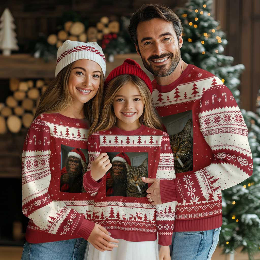 Funny Cat Selfie Bigfoot Xmas Sasquatch Ugly Christmas Sweater TS14 Red Beige Print Your Wear