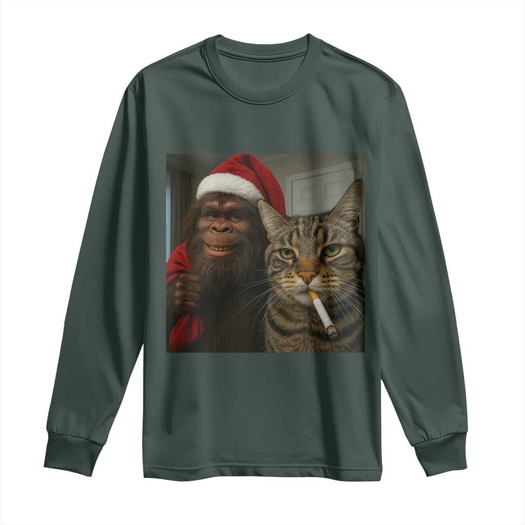 Funny Cat Selfie Bigfoot Christmas Sasquatch Long Sleeve Shirt TS14 Dark Forest Green Print Your Wear