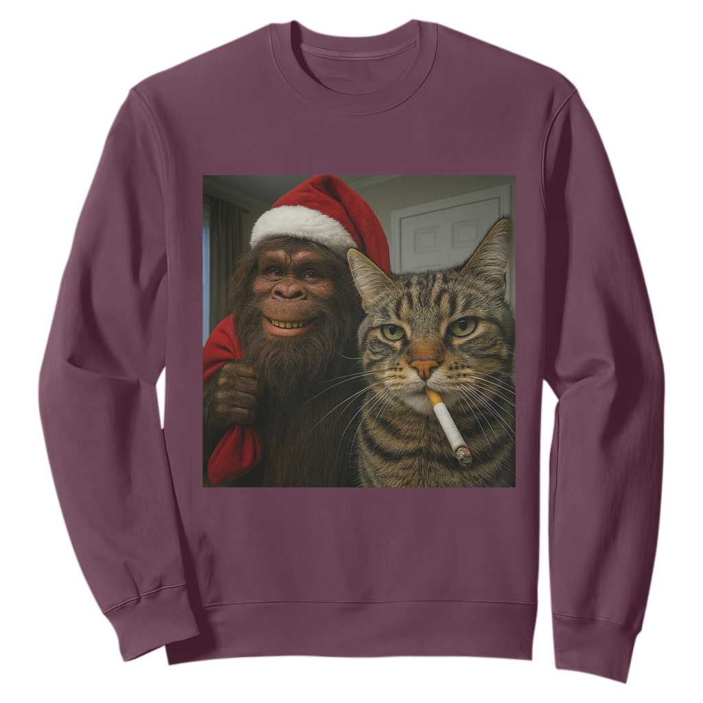 Funny Cat Selfie Bigfoot Christmas Sasquatch Sweatshirt TS14 Maroon Print Your Wear