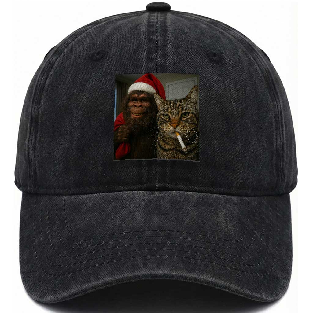 Funny Cat Selfie Bigfoot Christmas Sasquatch Washed Cotton Baseball Cap TS14 Washed Cap Universal Fit Black Print Your Wear