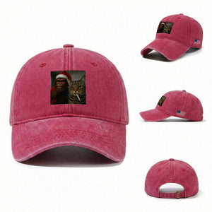 Funny Cat Selfie Bigfoot Christmas Sasquatch Washed Cotton Baseball Cap TS14 Washed Cap Universal Fit Red Print Your Wear