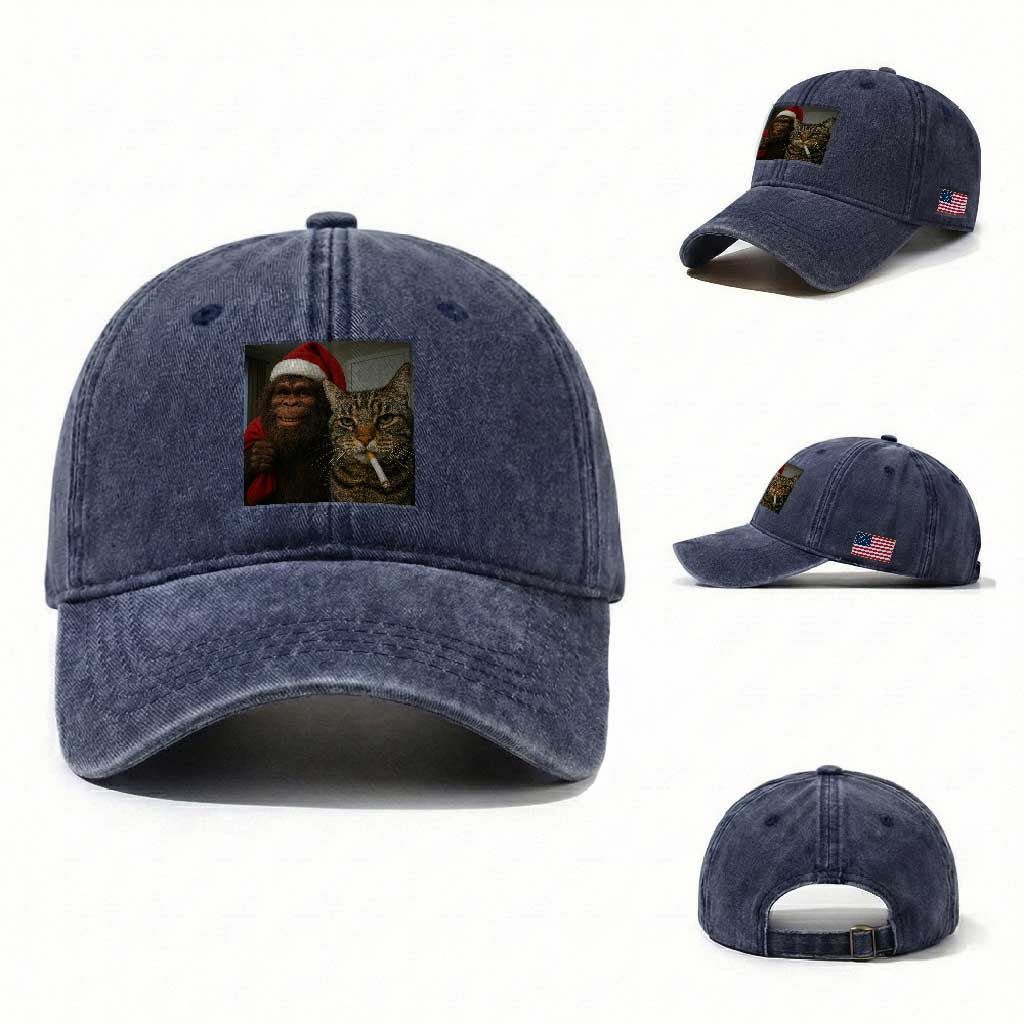 Funny Cat Selfie Bigfoot Christmas Sasquatch Washed Cotton Baseball Cap TS14 Washed Cap Universal Fit Navy Print Your Wear