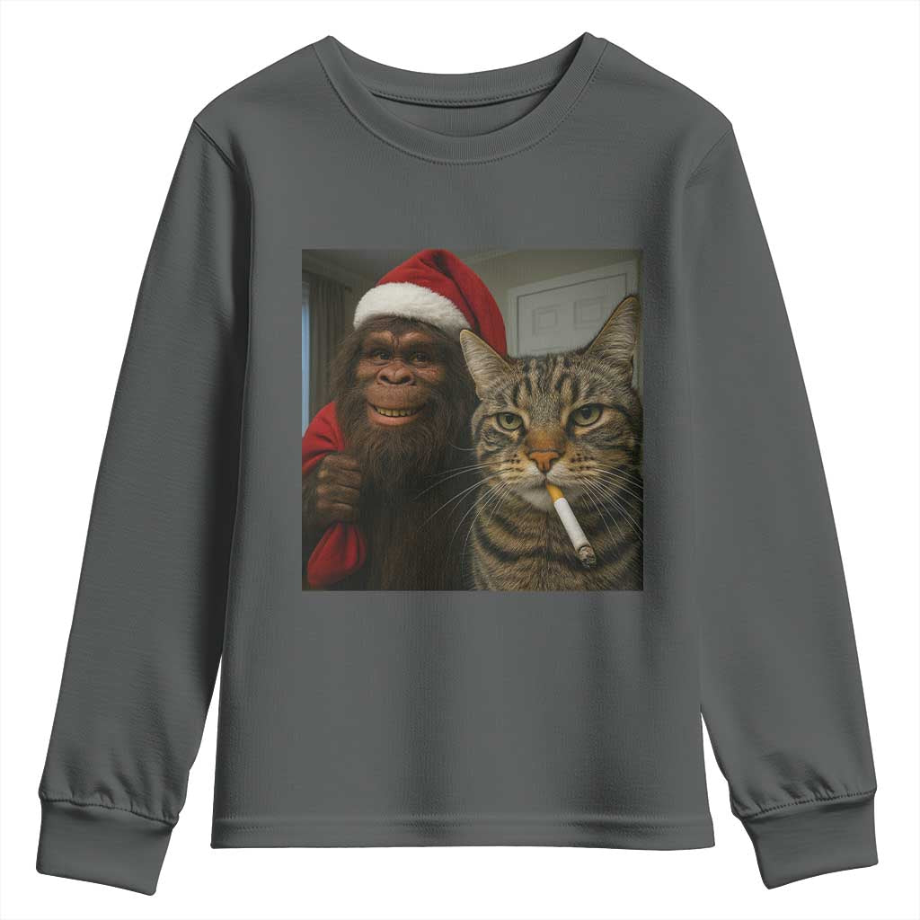 Funny Cat Selfie Bigfoot Christmas Sasquatch Youth Sweatshirt TS14 Dark Heather Print Your Wear