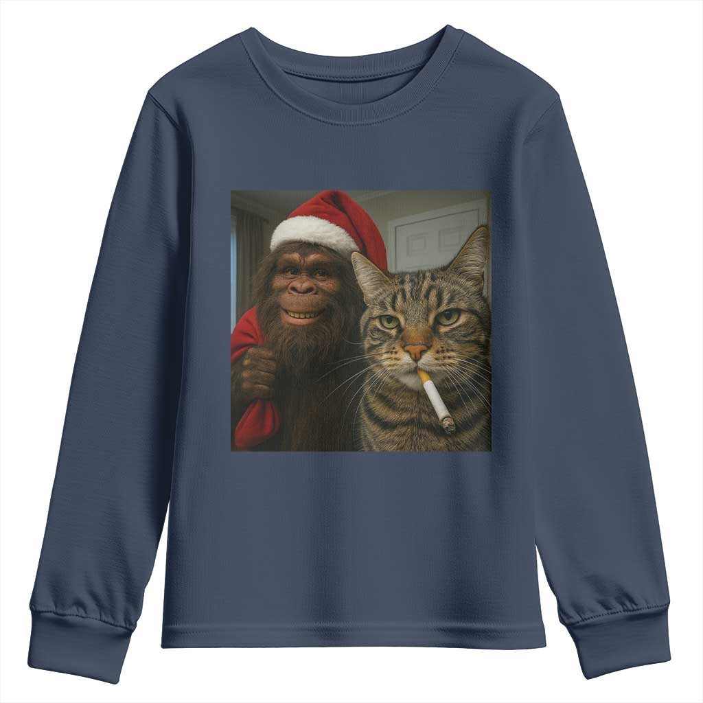 Funny Cat Selfie Bigfoot Christmas Sasquatch Youth Sweatshirt TS14 Navy Print Your Wear