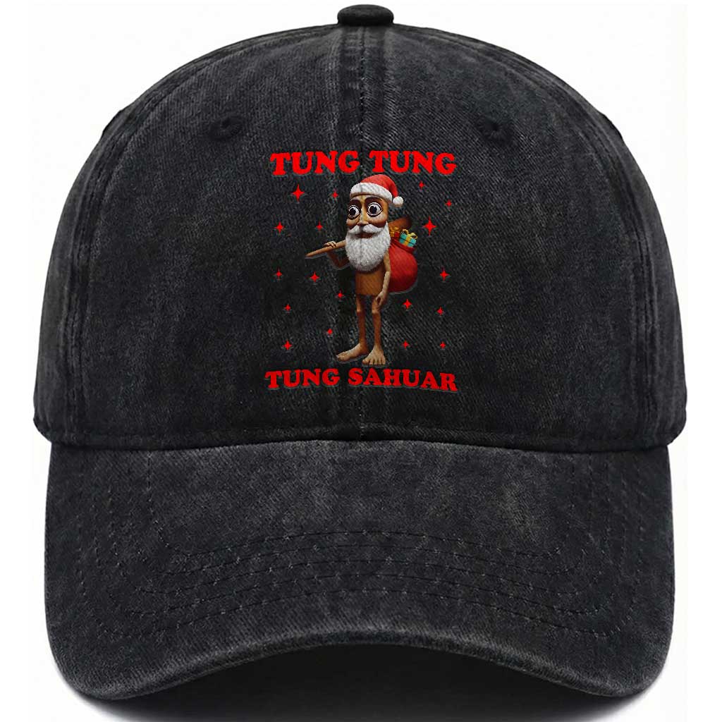 Funny Italian Brainrot Christmas Washed Cotton Baseball Cap Tung Tung Tung Sahur Meme TS14 Washed Cap Universal Fit Black Print Your Wear