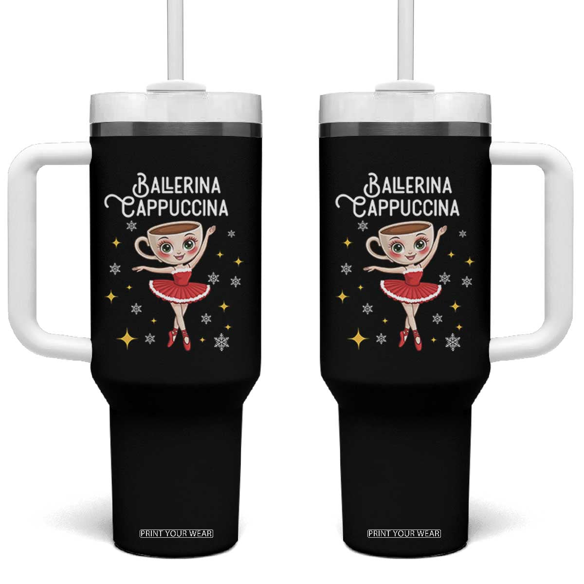 Ballerina Cappuccina Christmas Tumbler With Handle Italian Brainrot Meme TS14 One Size: 40 oz Black Print Your Wear