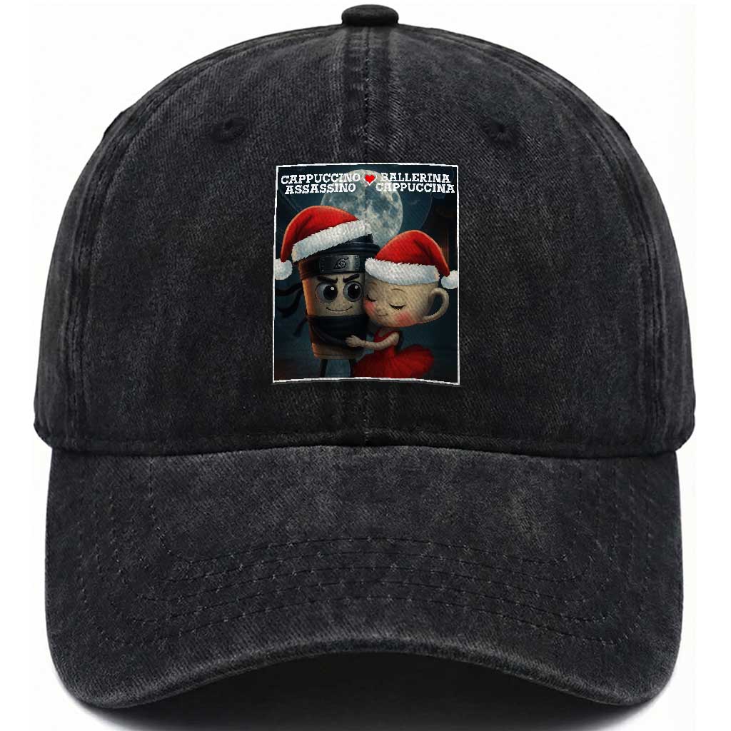 Funny Christmas Couple Washed Cotton Baseball Cap Italian Brainrot Meme TS14 Washed Cap Universal Fit Black Print Your Wear