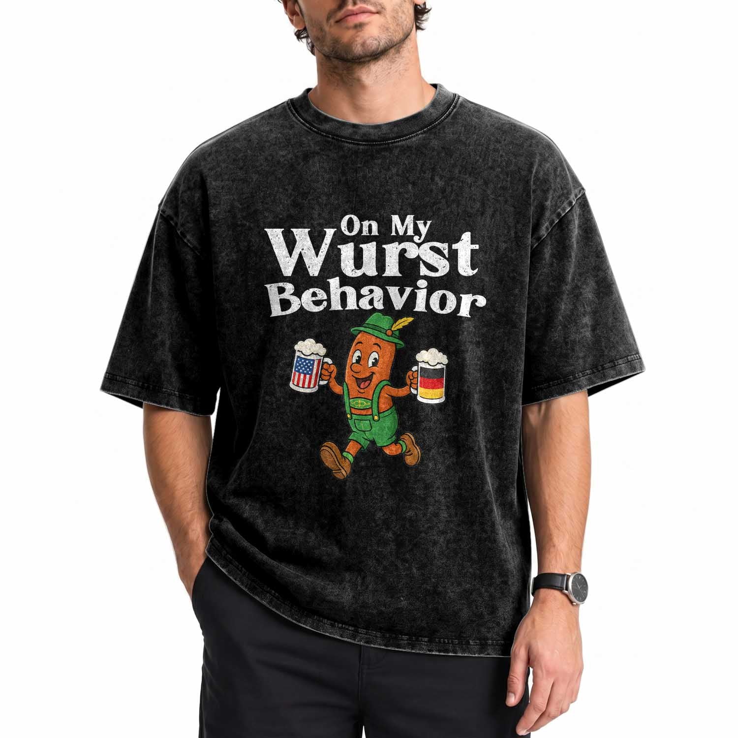 Oktoberfest On My Wurst Behavior Washed Cotton T-Shirt Beer German American Flag Oktoberfest
