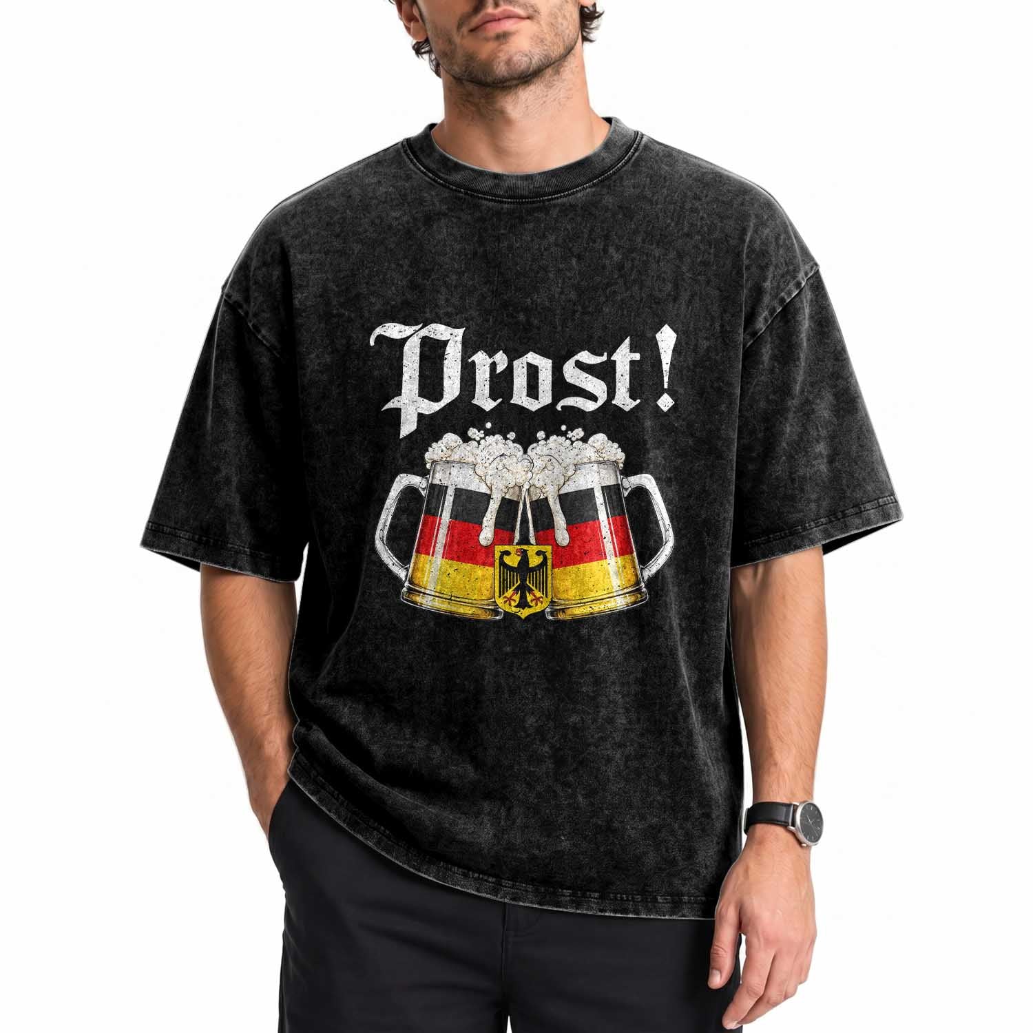 Vintage Oktoberfest Beer Drinking Prost German Festival Washed Cotton T-Shirt