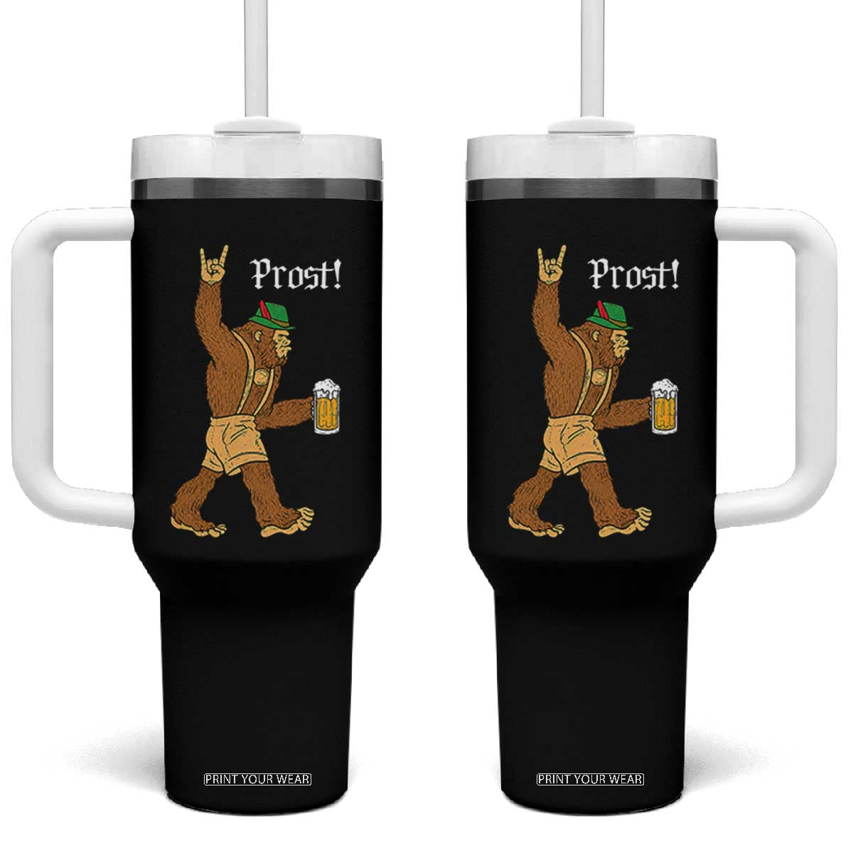 German Bigfoot Sasquatch Beer Lederhosen Tumbler With Handle Funny Oktoberfest Drinking Prost