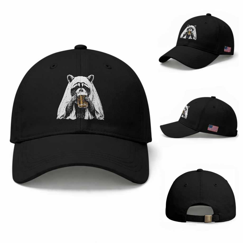 Funny Ghost Raccoon Drinking Beer Feral Halloween Baseball Cap