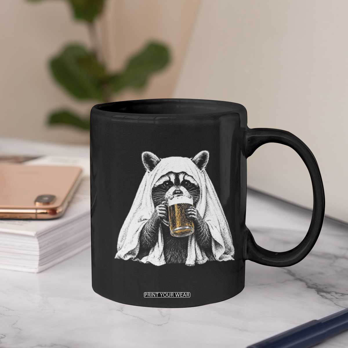 Funny Ghost Raccoon Drinking Beer Feral Halloween Coffee Mug