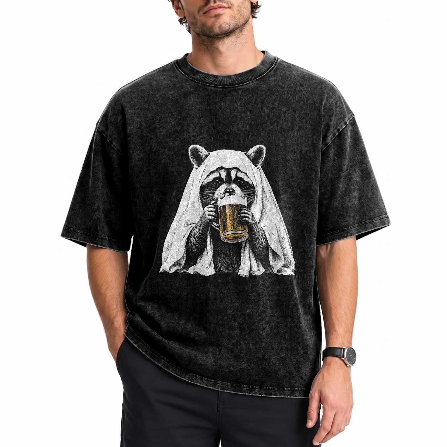 Funny Ghost Raccoon Drinking Beer Feral Halloween Washed Cotton T-Shirt