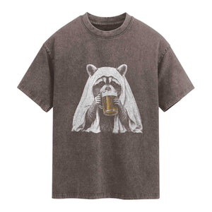 Funny Ghost Raccoon Drinking Beer Feral Halloween Washed Cotton T-Shirt