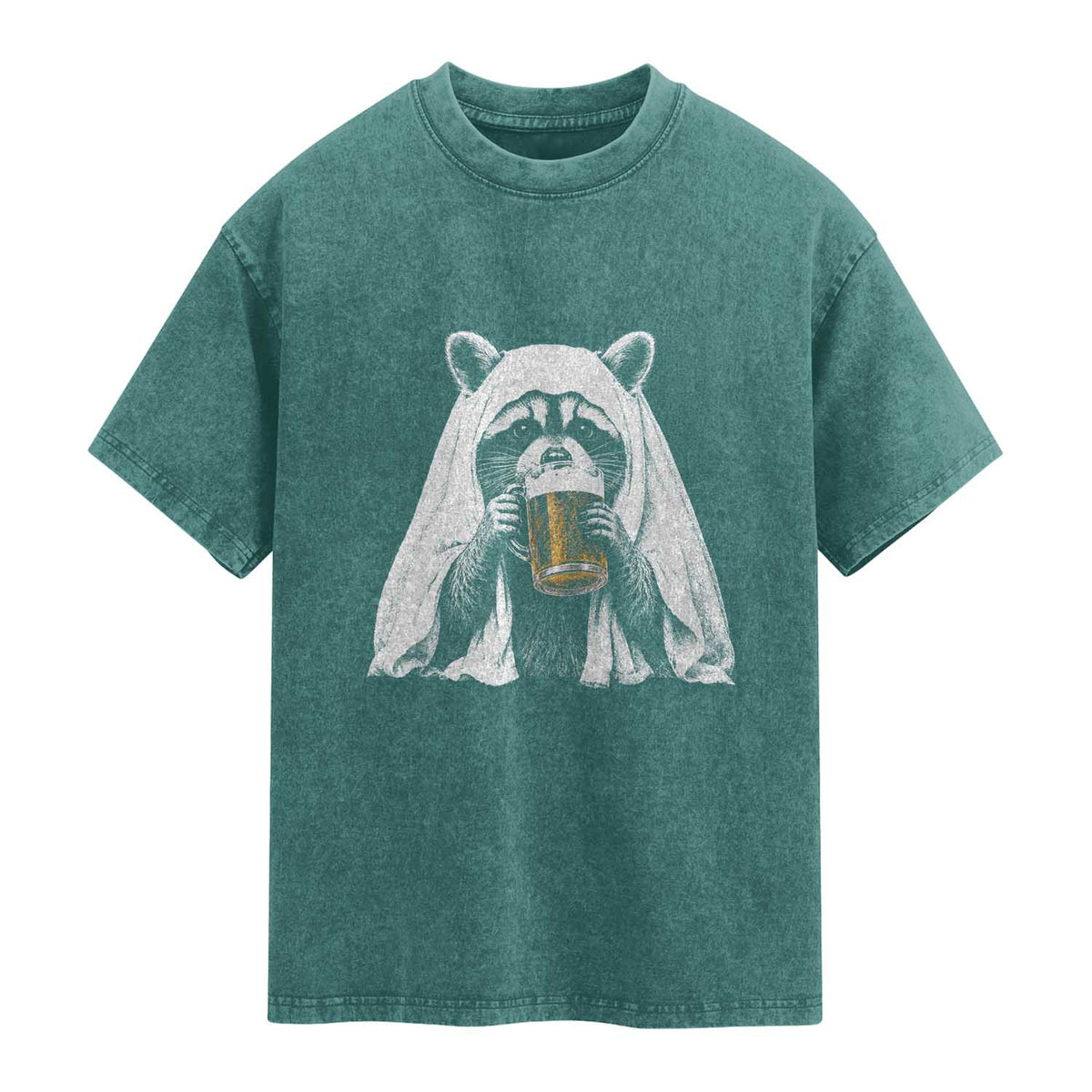 Funny Ghost Raccoon Drinking Beer Feral Halloween Washed Cotton T-Shirt