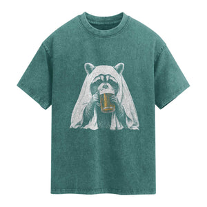 Funny Ghost Raccoon Drinking Beer Feral Halloween Washed Cotton T-Shirt