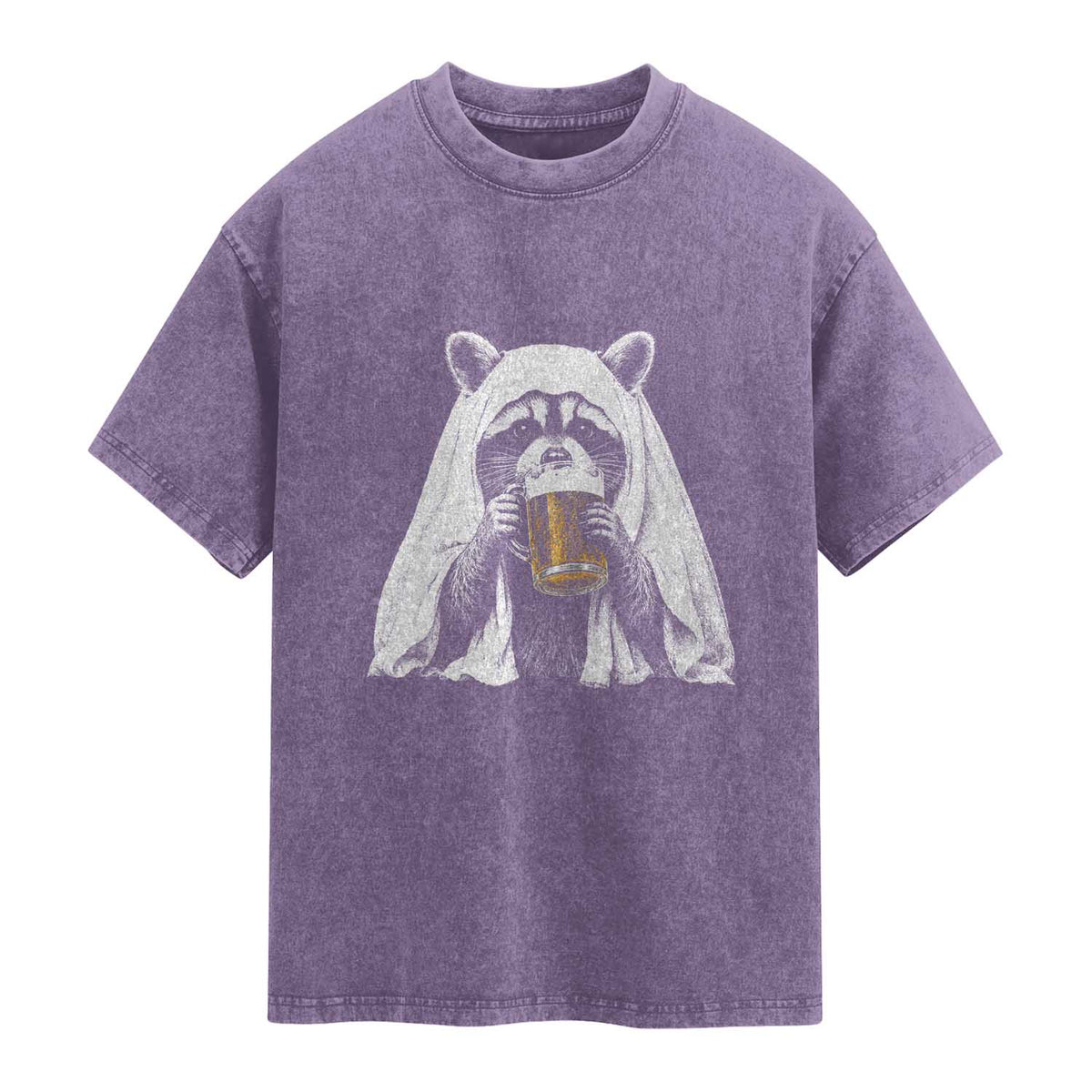Funny Ghost Raccoon Drinking Beer Feral Halloween Washed Cotton T-Shirt