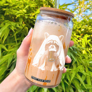Funny Ghost Raccoon Drinking Beer Feral Halloween Glass Can