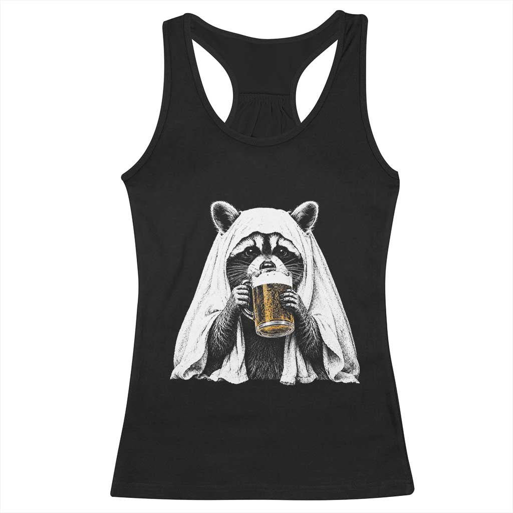 Funny Ghost Raccoon Drinking Beer Feral Halloween Racerback Tank Top