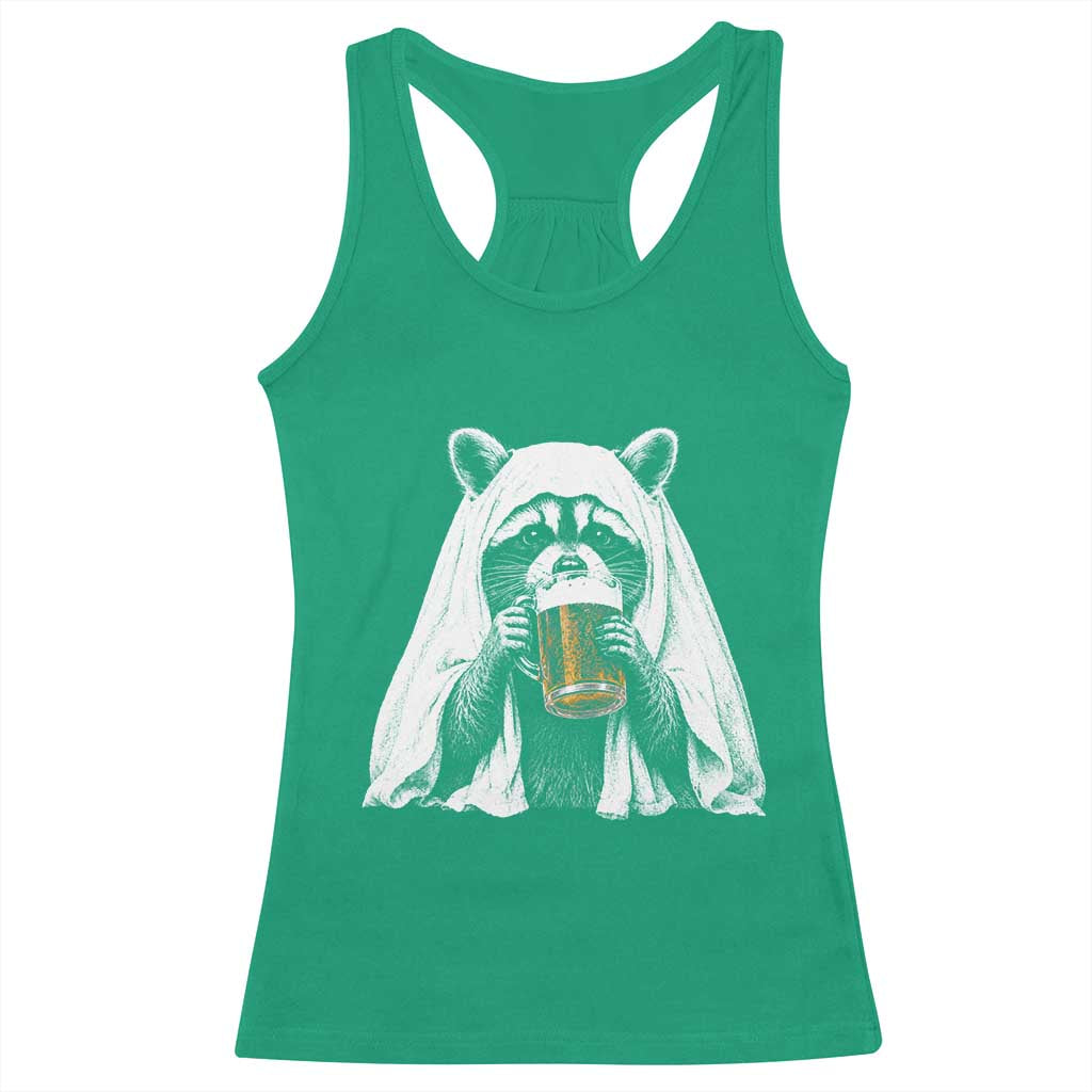 Funny Ghost Raccoon Drinking Beer Feral Halloween Racerback Tank Top
