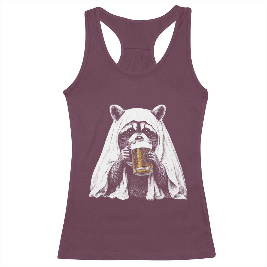 Funny Ghost Raccoon Drinking Beer Feral Halloween Racerback Tank Top