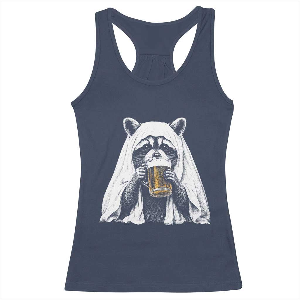 Funny Ghost Raccoon Drinking Beer Feral Halloween Racerback Tank Top