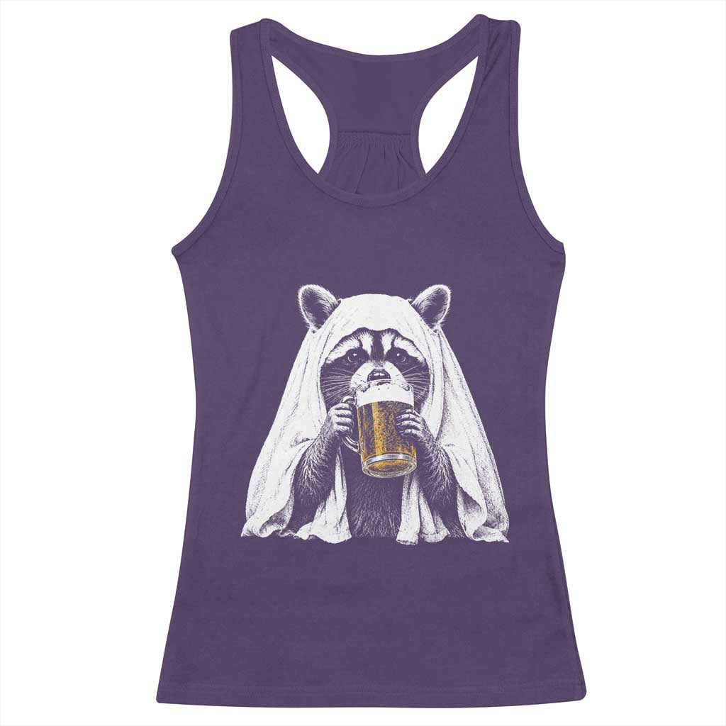 Funny Ghost Raccoon Drinking Beer Feral Halloween Racerback Tank Top