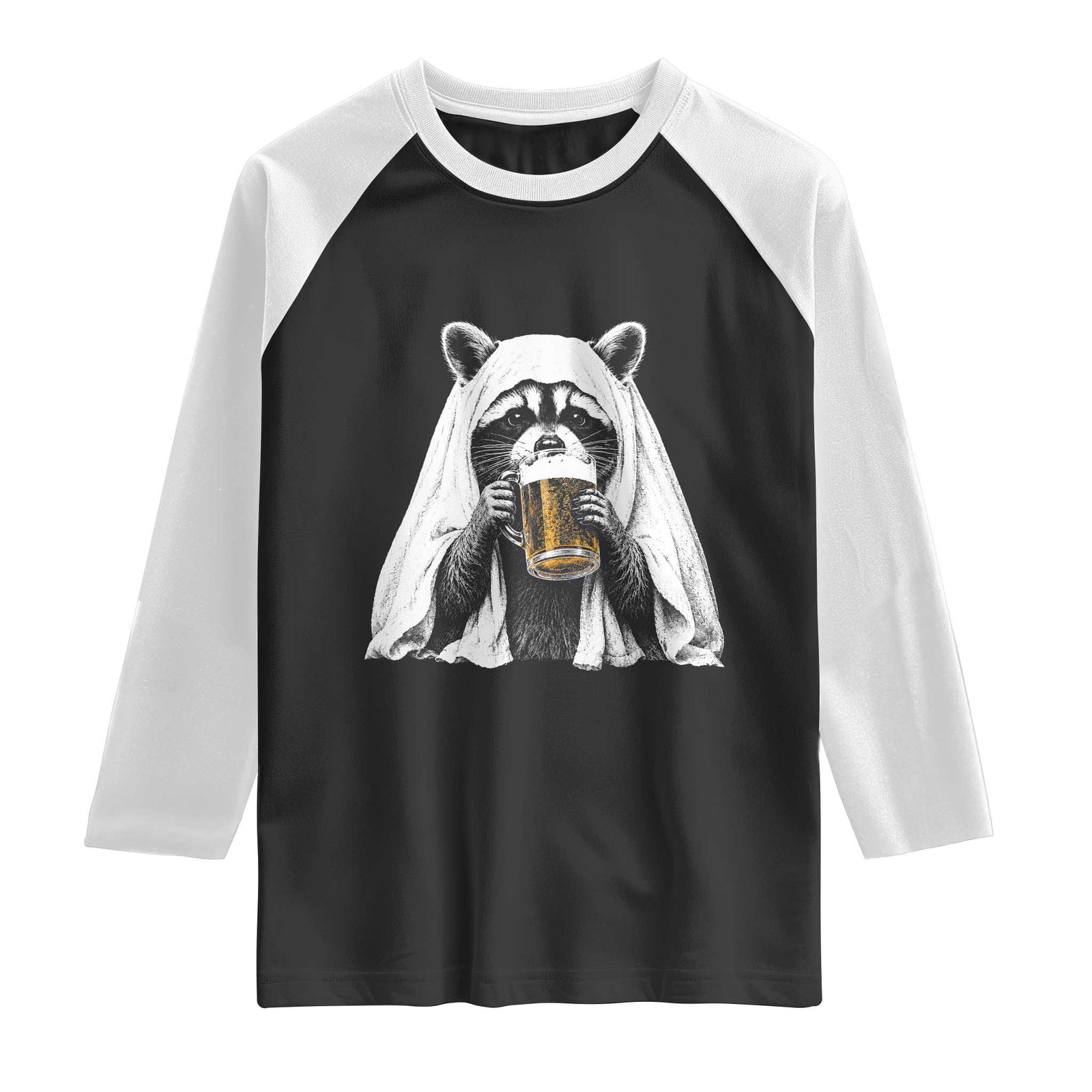 Funny Ghost Raccoon Drinking Beer Feral Halloween Raglan Shirt