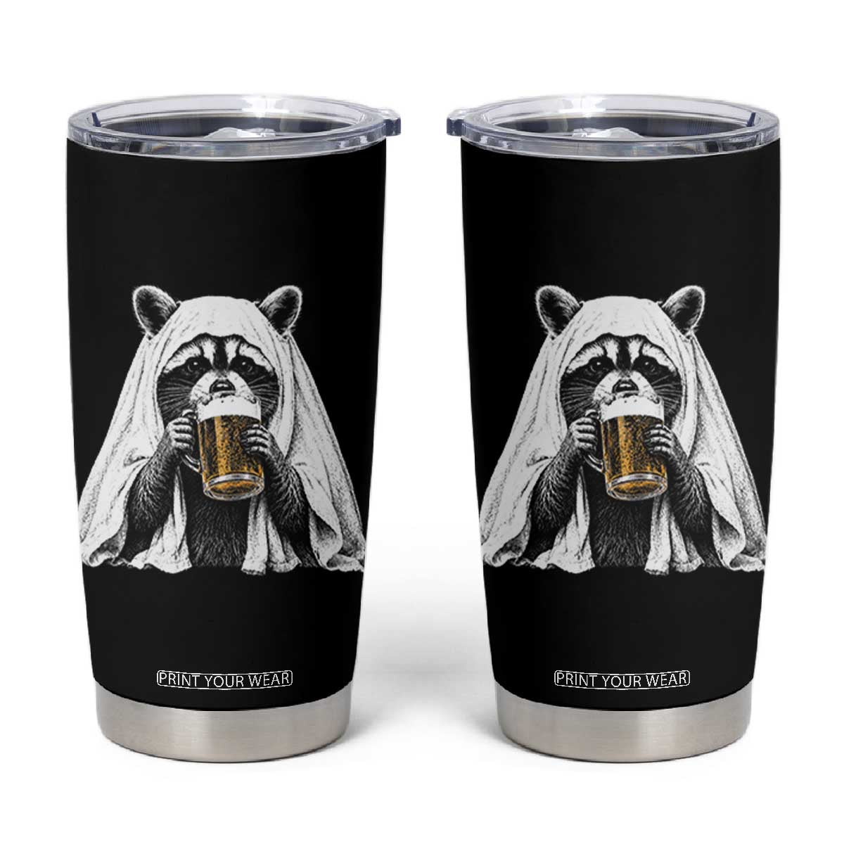 Funny Ghost Raccoon Drinking Beer Feral Halloween Tumbler Cup