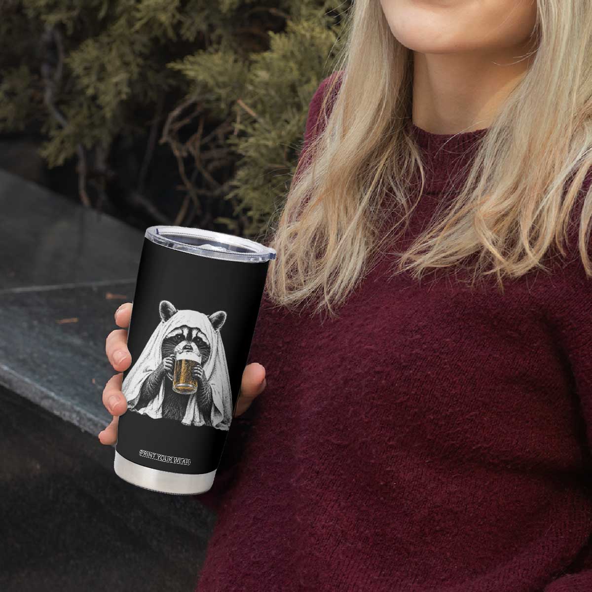 Funny Ghost Raccoon Drinking Beer Feral Halloween Tumbler Cup