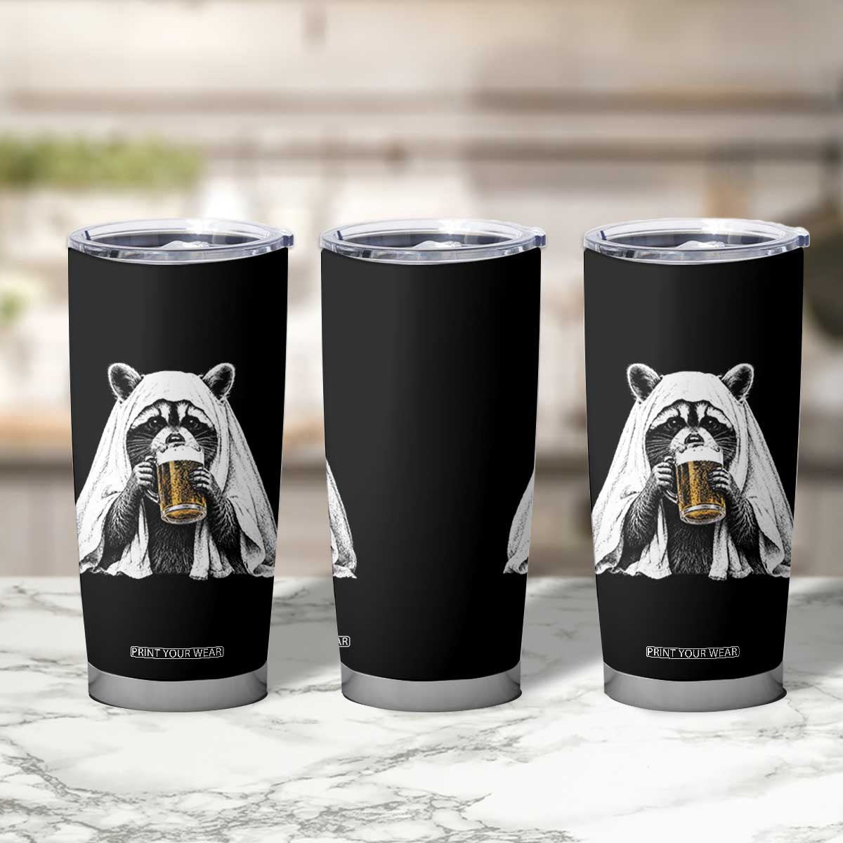 Funny Ghost Raccoon Drinking Beer Feral Halloween Tumbler Cup