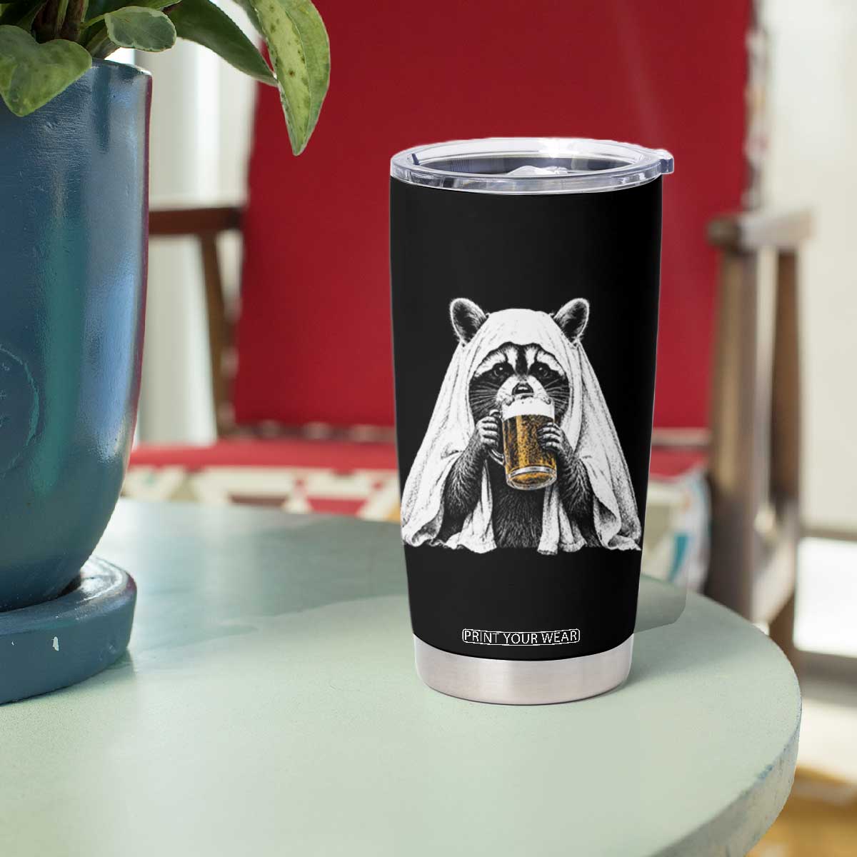 Funny Ghost Raccoon Drinking Beer Feral Halloween Tumbler Cup